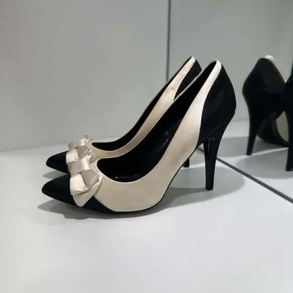 J.Crew Black Cream Two-Tone Stiletto Heel Bow Pointed Toe Pumps 8.5 - Picture 2 of 12